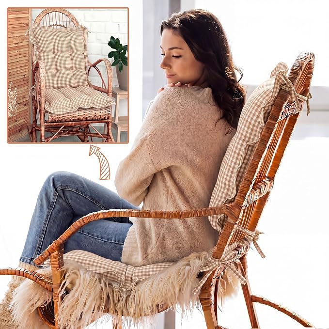 Lewtemi 2 Set Brown Gingham Rocking Chair Cushion Village Ruffled Rocking Chair - Image 7