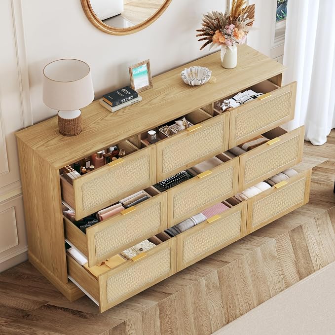 HUAHUU 9 Drawer Dresser for Bedroom, 60 Inch Long Dressers & Rattan Chest of - Image 5