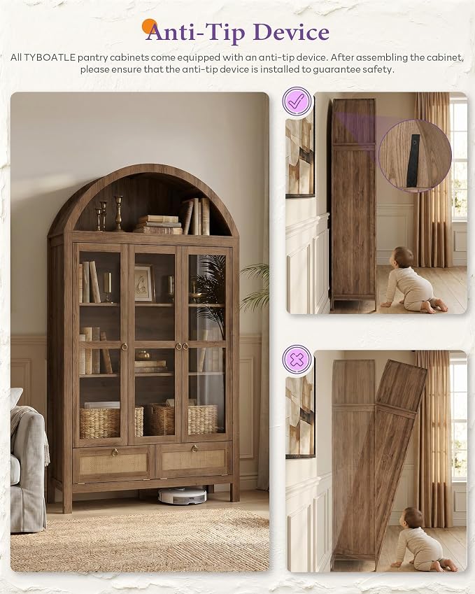 TYBOATLE 75'' Arched Cabinet Classic Farmhouse Design w/Three Glass Doors - Image 4