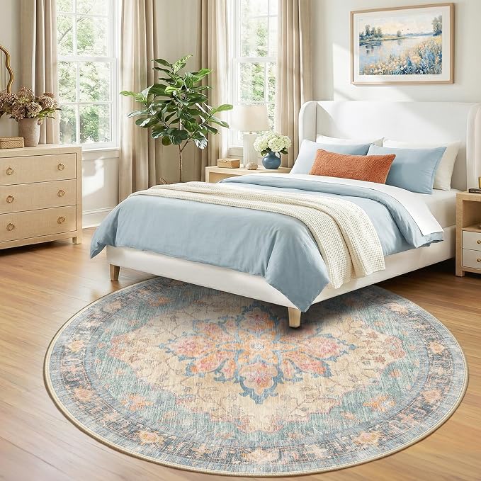 RELEANY Area Rugs Round 8ft Washable Non-Slip, Floral Vintage Distress Print - Image 3
