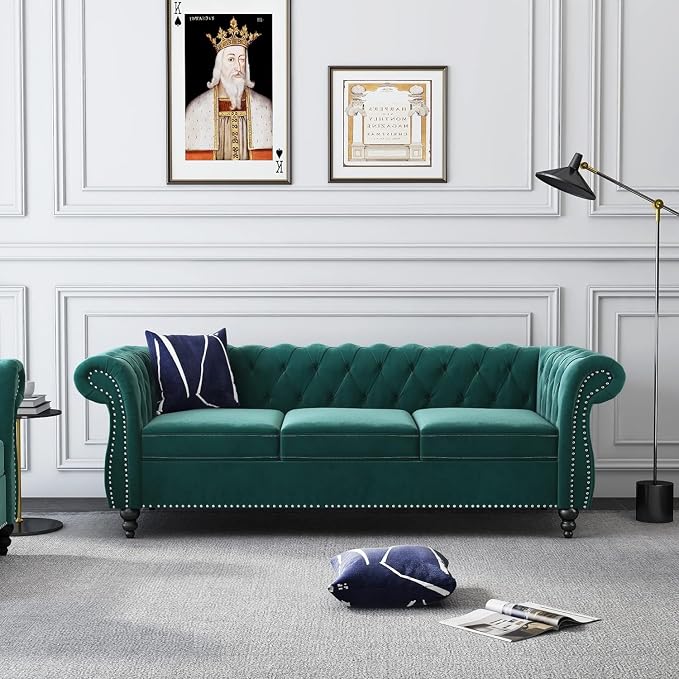 Chesterfield 3 Seater Sofa, Modern Velvet Tufted Couch 3 Seater by RUSTYER