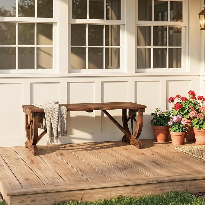 VINGLI Rustic Wooden Wheel Bench Outdoor Bench, Patio Bench Wagon Slatted Seat - Image 2