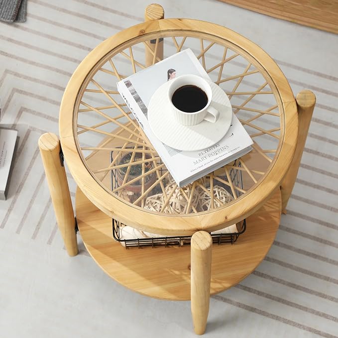 RUSTOWN Rattan Nightstands Set of 2, Boho Wood Round Side Tables, 2-Tier - Image 8