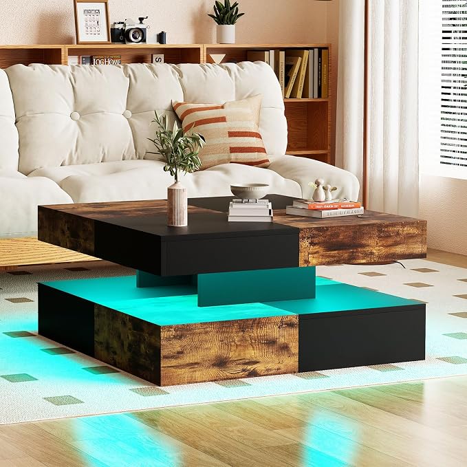 HedoAjim LED Coffee Table for Living Room, Living Room Table 2-Tier Square - Image 3