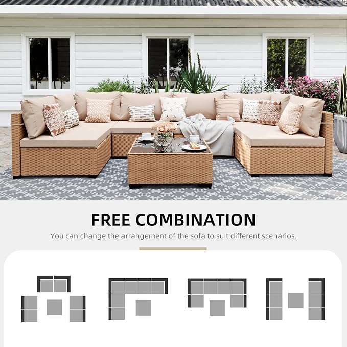 UPHA 7 Pieces Patio Furniture Sets, Wicker Outdoor Sectional Sofa Couch - Image 4