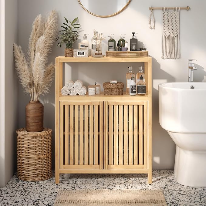 Bamboo Storage Cabinet Bathroom Floor Cabinet Side Storage Organizer Cabinet by BAOMKONG