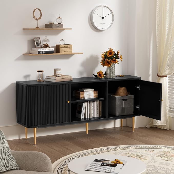 ARTPOWER 55” Fluted TV Stand, Mid Century Modern Black TV Stand - Image 6