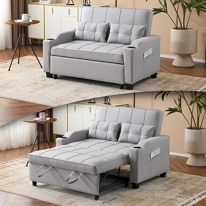 VINGLI Convertible Loveseat Sleeper Sofa, Light Grey Faux Leather Futon Sofa by VINGLI