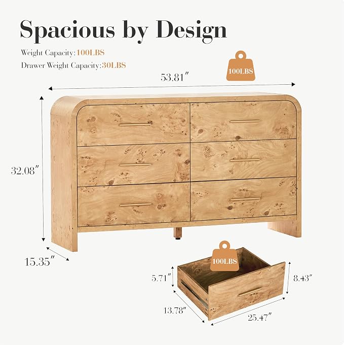 Curved 6-Drawer Dresser for Bedroom, Vanity Desk TV Stand for Living Room - Image 2