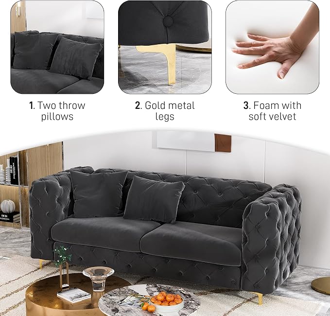 DAMAIFROM 75" Sofa Couch Mid Century Modern Velvet Couch Tufted Button Sofa - Image 3