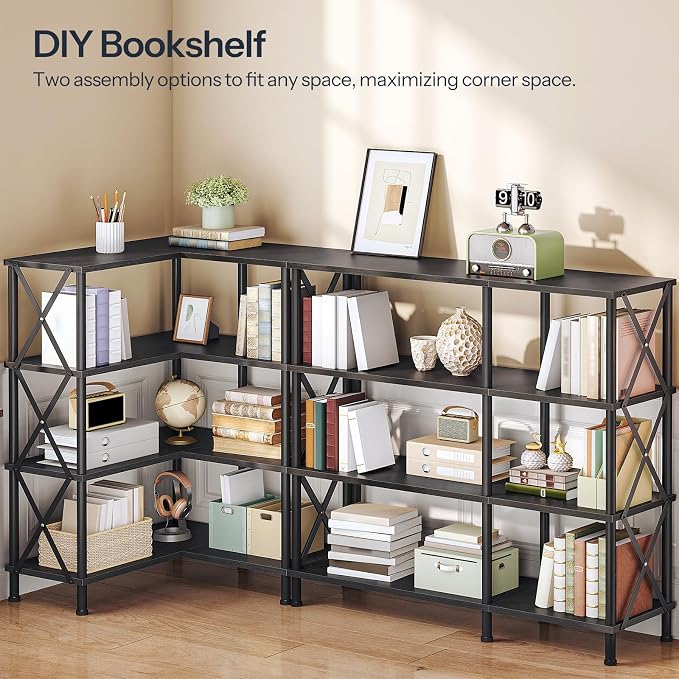 HOOBRO Corner Bookshelf, 4-Tier L-Shaped Bookcase, Industrial Open Display - Image 4