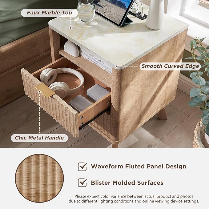 T4TREAM Fluted Nightstand with Charging Station, 2 Drawers End Table w/Storage - Image 5