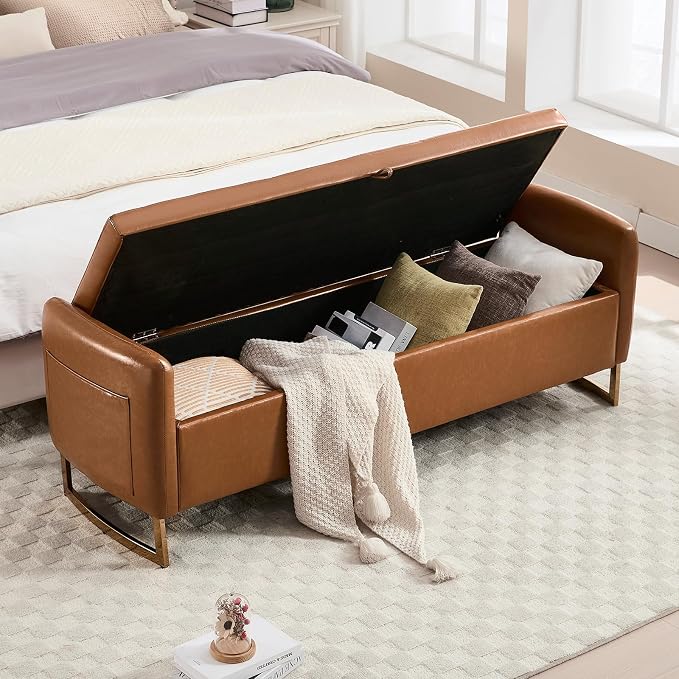 65" End of Bed Storage Bench, Leather Storage Bench - Image 4