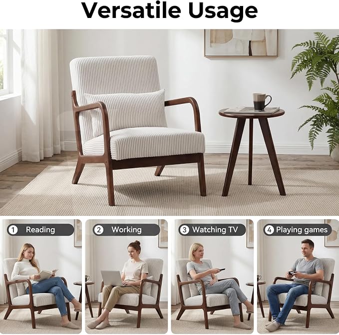 Mid Century Modern Accent Chairs Set of 2, Upholstered Corduroy Armchairs - Image 5
