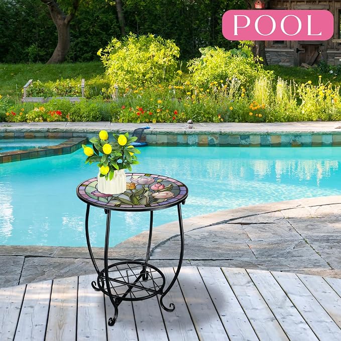 Cinnvoice Outdoor Side Table Round Small Mosaic Patio Accent Indoor End Plant - Image 6