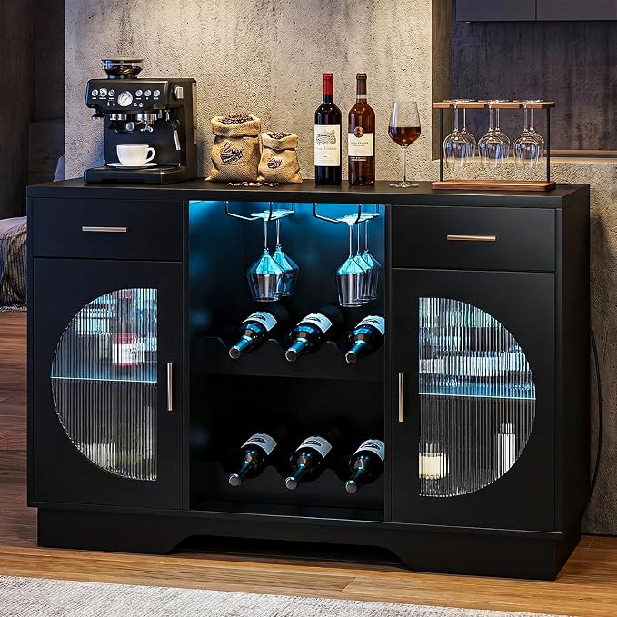 Wine Bar Cabinet with LED Light, Modern Liquor Cabinet Coffee Bar Cabinet by HOME