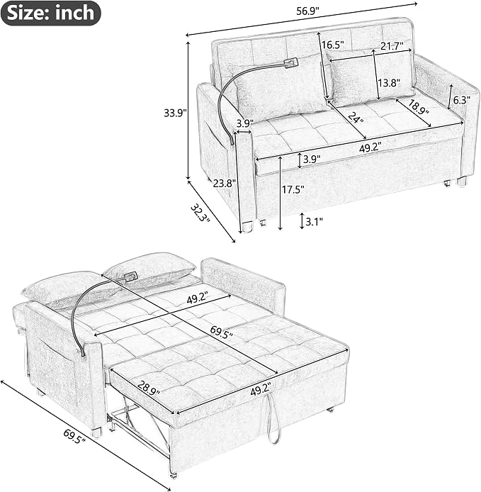 3 in 1 Convertible Sleeper Sofa Bed, 56.9" Small Pull Out Couch Bed - Image 3