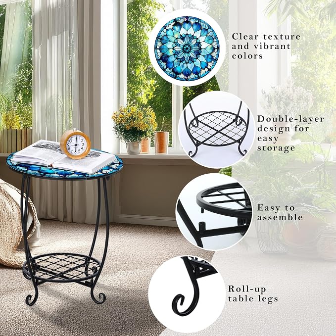 Cinnvoice Outdoor Side Table Round Small Mosaic Patio Accent Indoor End Plant - Image 4