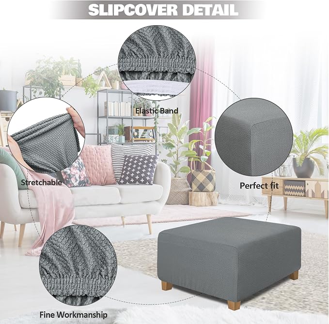 NeColorLife Square Ottoman Cover Jacquard Fabric Thick Stretchable Slipcover - Image 2
