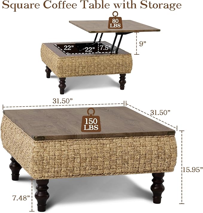 31.5" Lift Top Coffee Table for Living Room, Square Farmhouse Coffee Table - Image 2