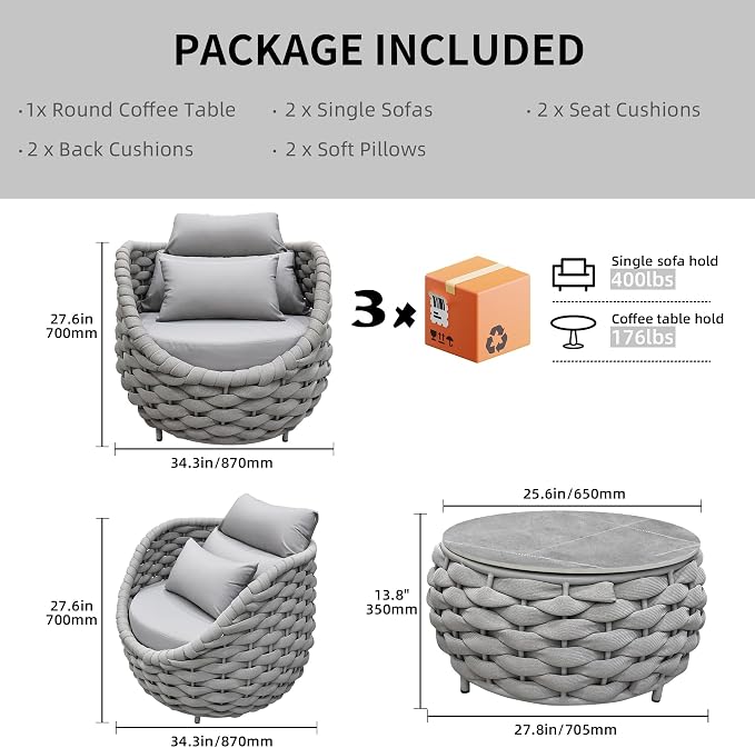 TWT 3 Pieces Aluminum Patio Furniture Set, Hand Woven Textilene Rope Outdoor - Image 2