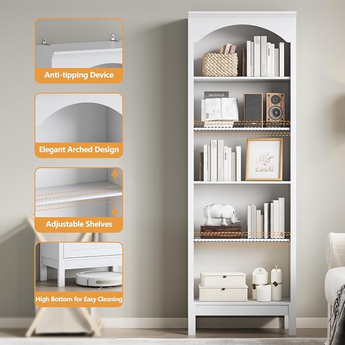 Arched Set of 2 Bookshelf with 5 Tier Open Shelves, Living Room, Modern White - Image 4