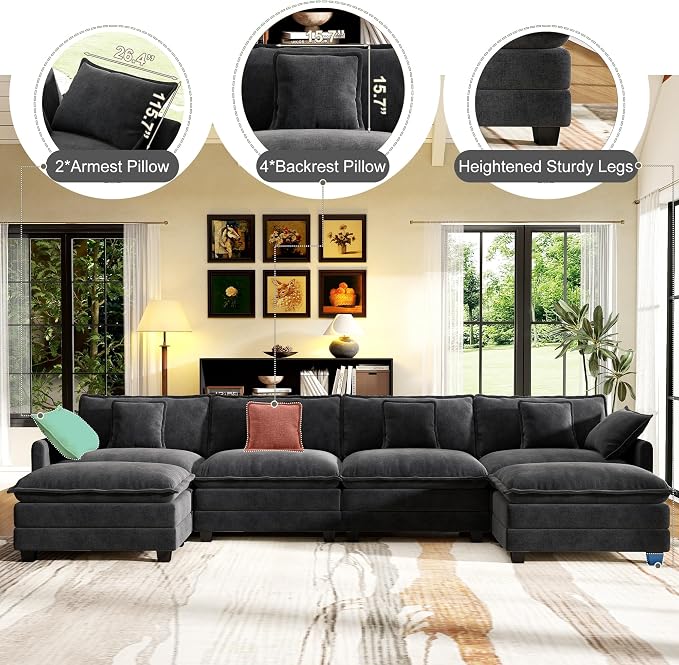 146" Cloud Couch Sectional, U Shaped Modular Sectional Sofa, 4-Seat Deep Seat - Image 3