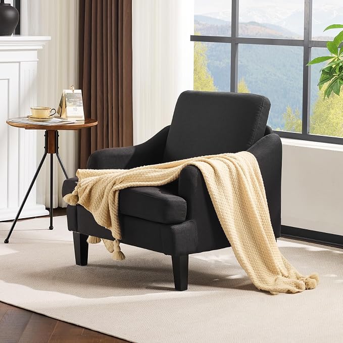 VINGLI Linen Fabric Accent Chair Black, Modern Upholstered Armchair, Comfy Sofa - Image 8