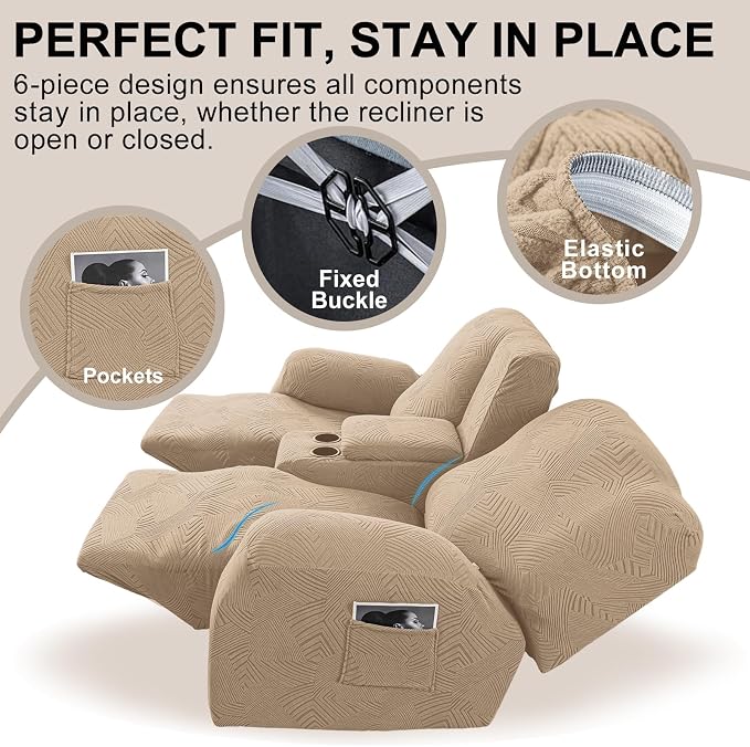 Recliner Loveseat Covers with Console, 6-Piece Stretch Geometric Strokes - Image 4
