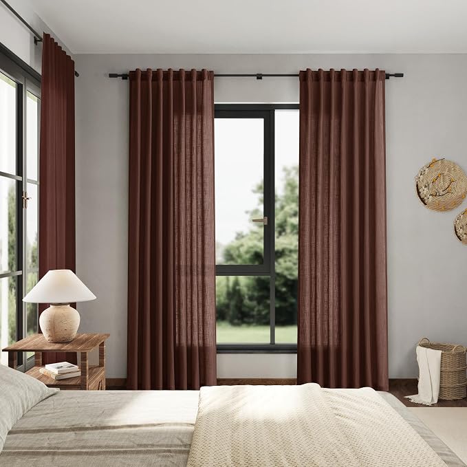 Nanspring Rustic Brown Linen Curtains Semi Sheer 96 Inches Long 2 Panels Set - Image 7