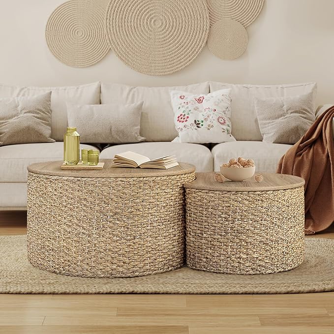 Nesting Coffee Table Set of 2, Rustic Crate and Barrel Coffee Table, Hand-Woven by Giofanzo