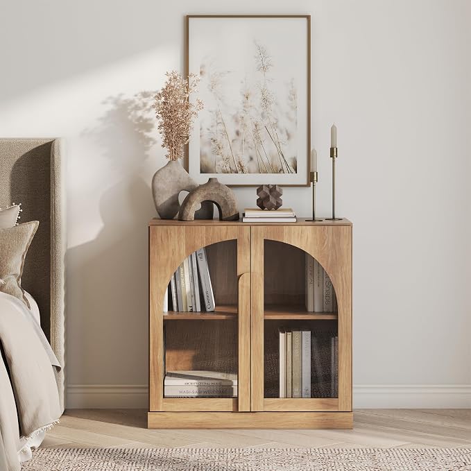 BELLEZE 2 Tier Bookshelf with Arched Glass Door, Modern Display Bookcase Shelf - Image 5