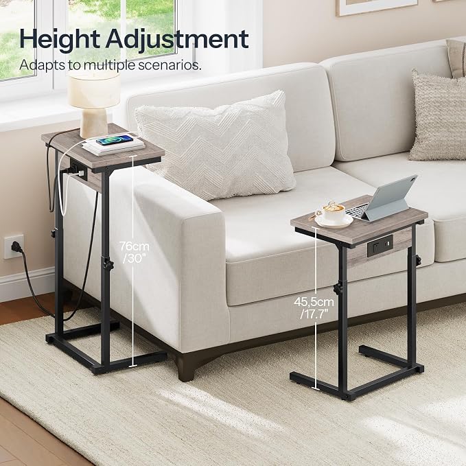 HOOBRO C-Shaped End Table with Charging Station, Adjustable Height Sofa Tray - Image 3