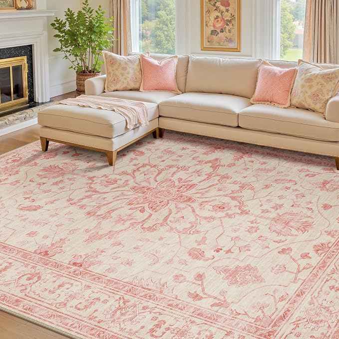 RELEANY Area Rugs 8'x10' Washable Non-Slip, Floral Vintage Distress Print by RELEANY