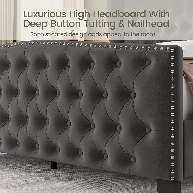 LARMACE King Size Bed Frame Velvet Upholstered Platform Bed - Image 4