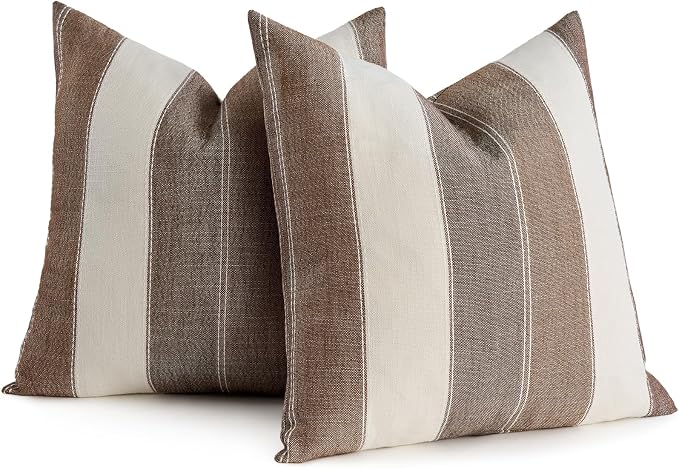 AmHoo Pack of 2 Farmhouse Stripe Check Throw Pillow Covers Set Case Cotton by AmHootextile