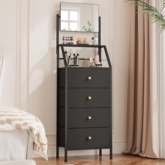 HIGDBFE 4-Drawer Dresser with Mirror, Vanity with 2-Tier Shelves, Fabric Chest by HIGDBFE