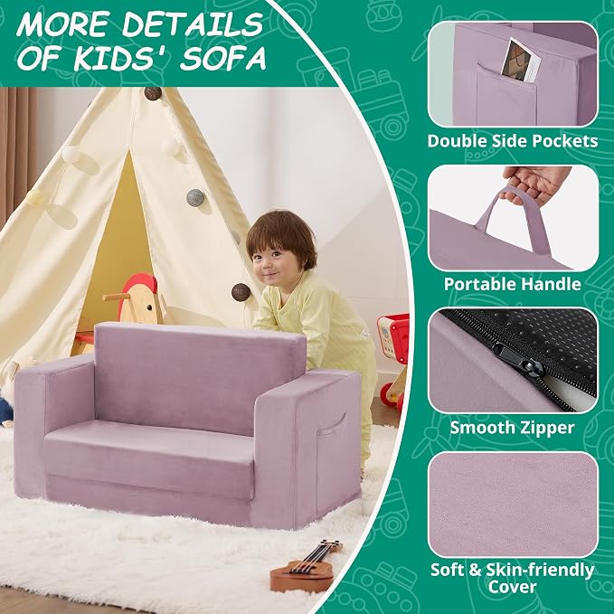 Kids Couch, 2-in-1 Toddler Chair Comfy 1-3 Years, Convertible Kids Chair - Image 4