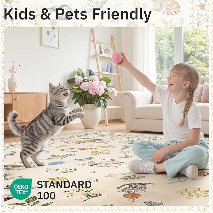 Cat 4x6 Area Rugs, Machine Washable Animal Floral Accent Rug Non-Slip Low Pile - Image 5