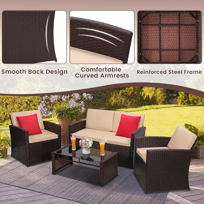 KROFEM 4-Piece Patio Furniture Set, Wicker Outdoor Rattan Sectional Sofa - Image 4