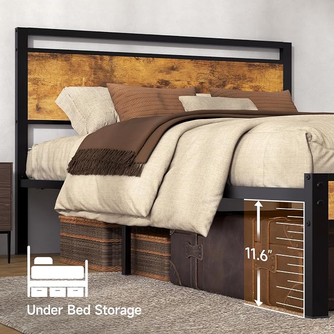 King Metal Bed Frame with Wooden Headboard and Footboard, Heavy Duty Platform - Image 5