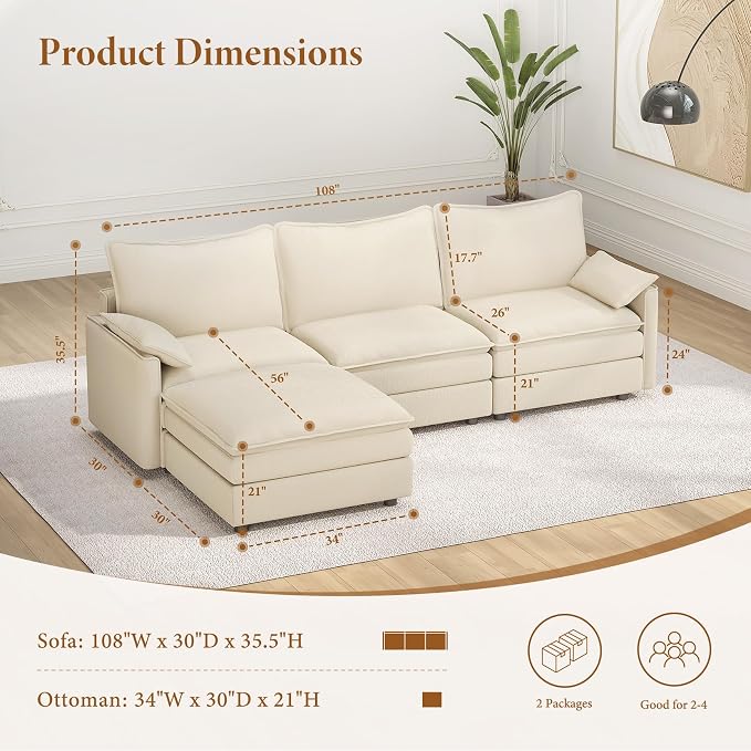 Vesgantti 108" Modular Sectional Sofa, Comfy Cloud Couch - Image 2