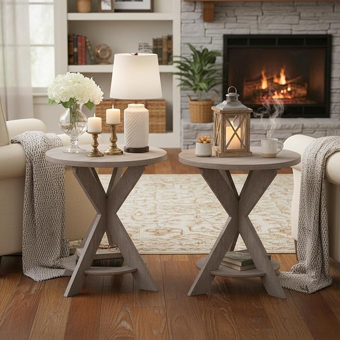 Set of 2 Farmhouse Cross Leg end Table, French Country Accent Side Table - Image 2