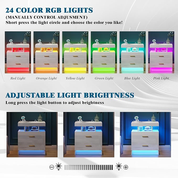 WOOVIVS Night Stand with Light, High Gloss Nightstand with USB/Wireless - Image 3