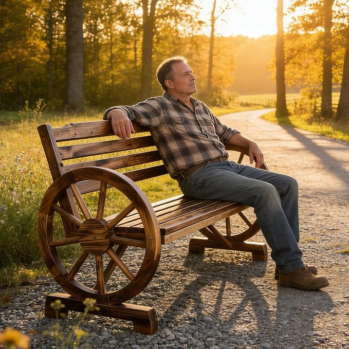 VINGLI Rustic Wooden Wheel Bench Outdoor Bench, Patio Bench Wagon Slatted Seat - Image 9