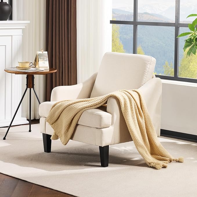 VINGLI Linen Fabric Accent Chair Beige, Modern Upholstered Armchair, Comfy Sofa - Image 8