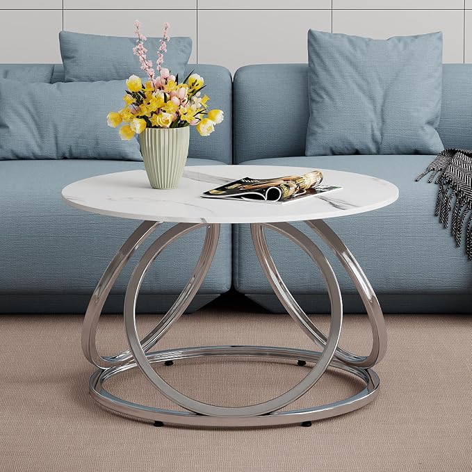 O&K FURNITURE Silver Coffee Table, Round Coffee Table Faux Marble Veins - Image 9