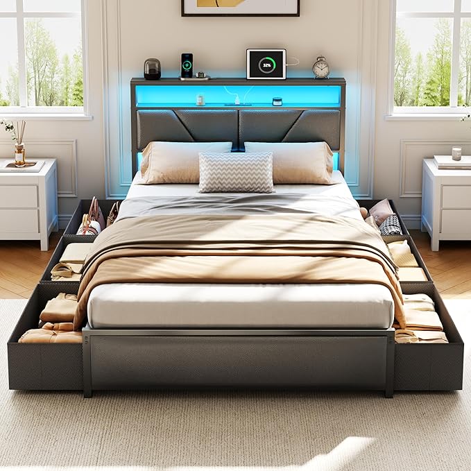OURPIC Full Size Bed Frame, 2-Tier Storage Headboard & 6 Fabric Drawers - Image 5