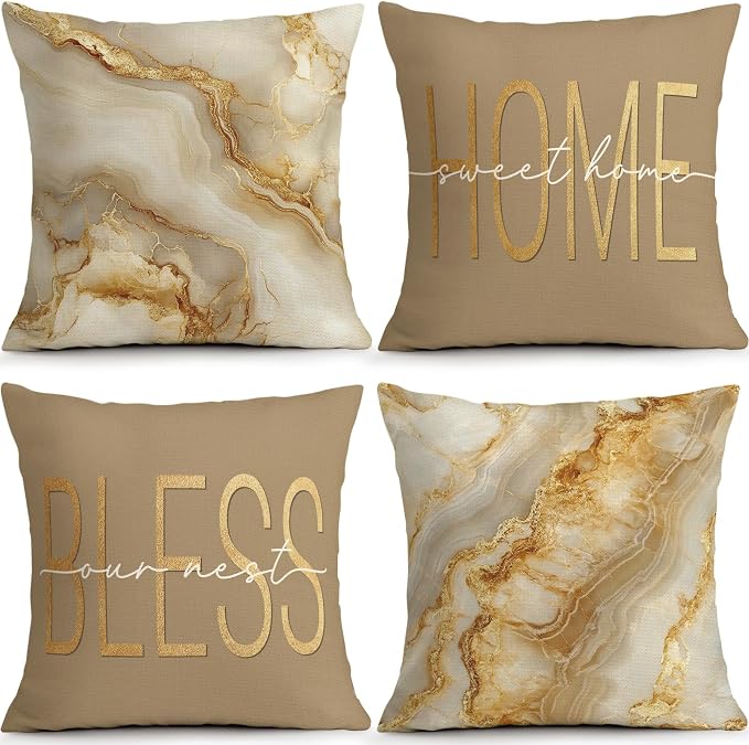 OBSEDE Inspirational Beige Marble Decorative Throw Pillow Covers 18 × 18 in by OBSEDE