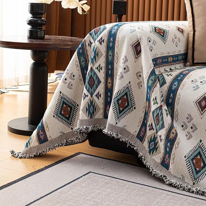 VClife Bohemian Couch Cover, Vintage Moroccan Tribal Geometric Chenille Couch - Image 6